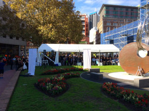 Looking down the narrowed Reflection Park from ‘Memory Lines’ to the official marquee for invited guests and family who have lost a loved one.